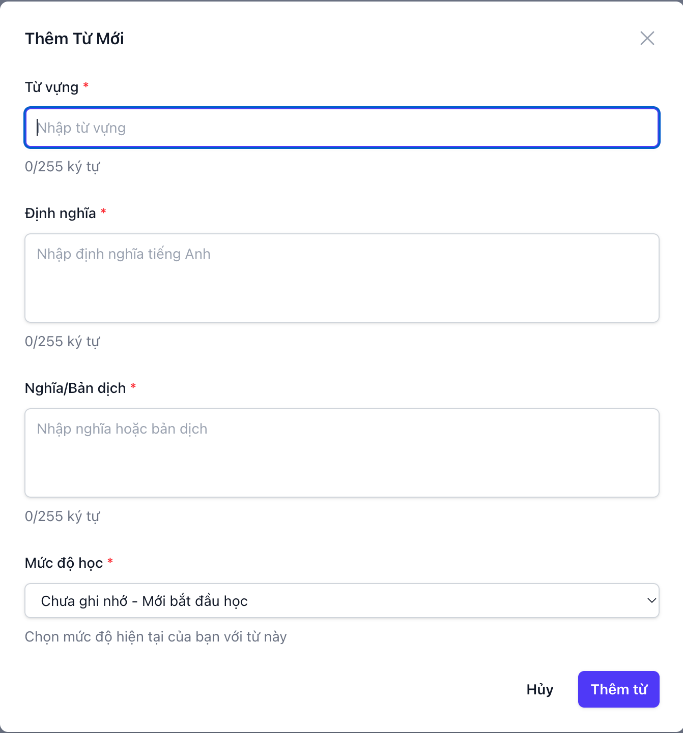 Giao diện thêm từ mới trên LearnMyWords