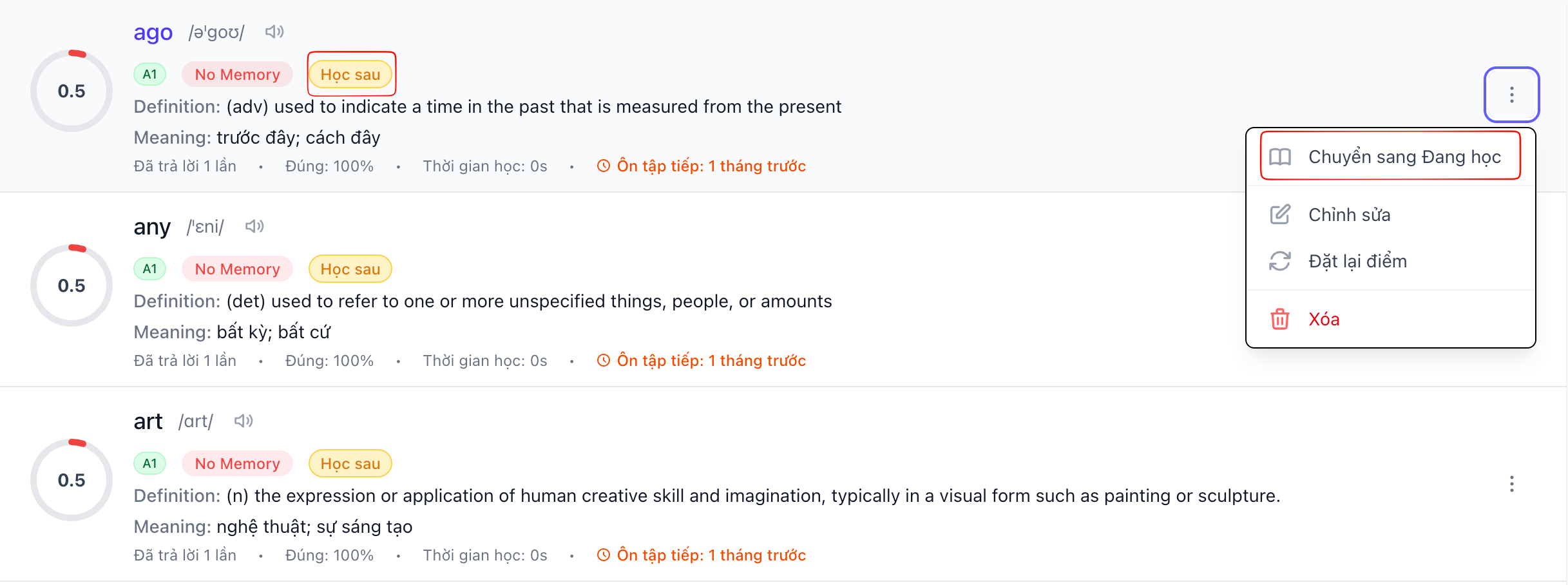 Danh sách từ vựng với các trạng thái