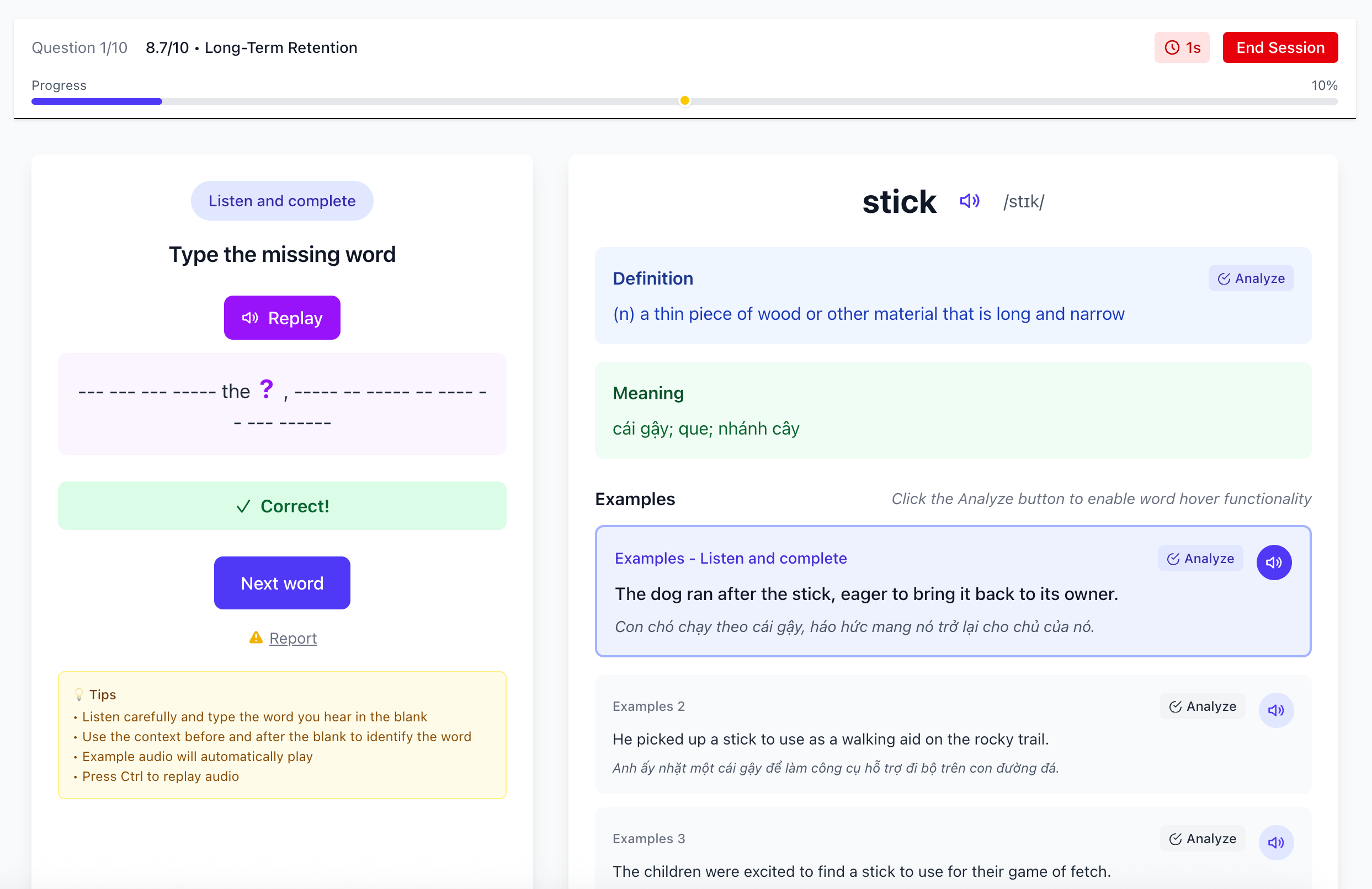 Kết quả trả lời đúng hiển thị thông báo thành công