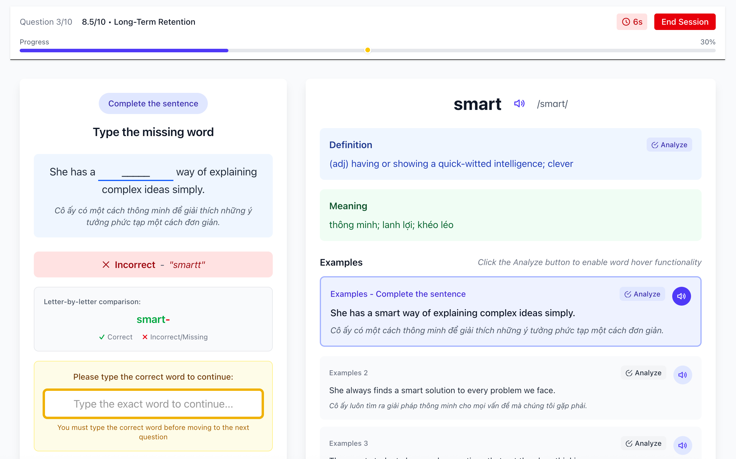 Trả lời sai hiển thị so sánh từng chữ cái và giai đoạn sửa lỗi