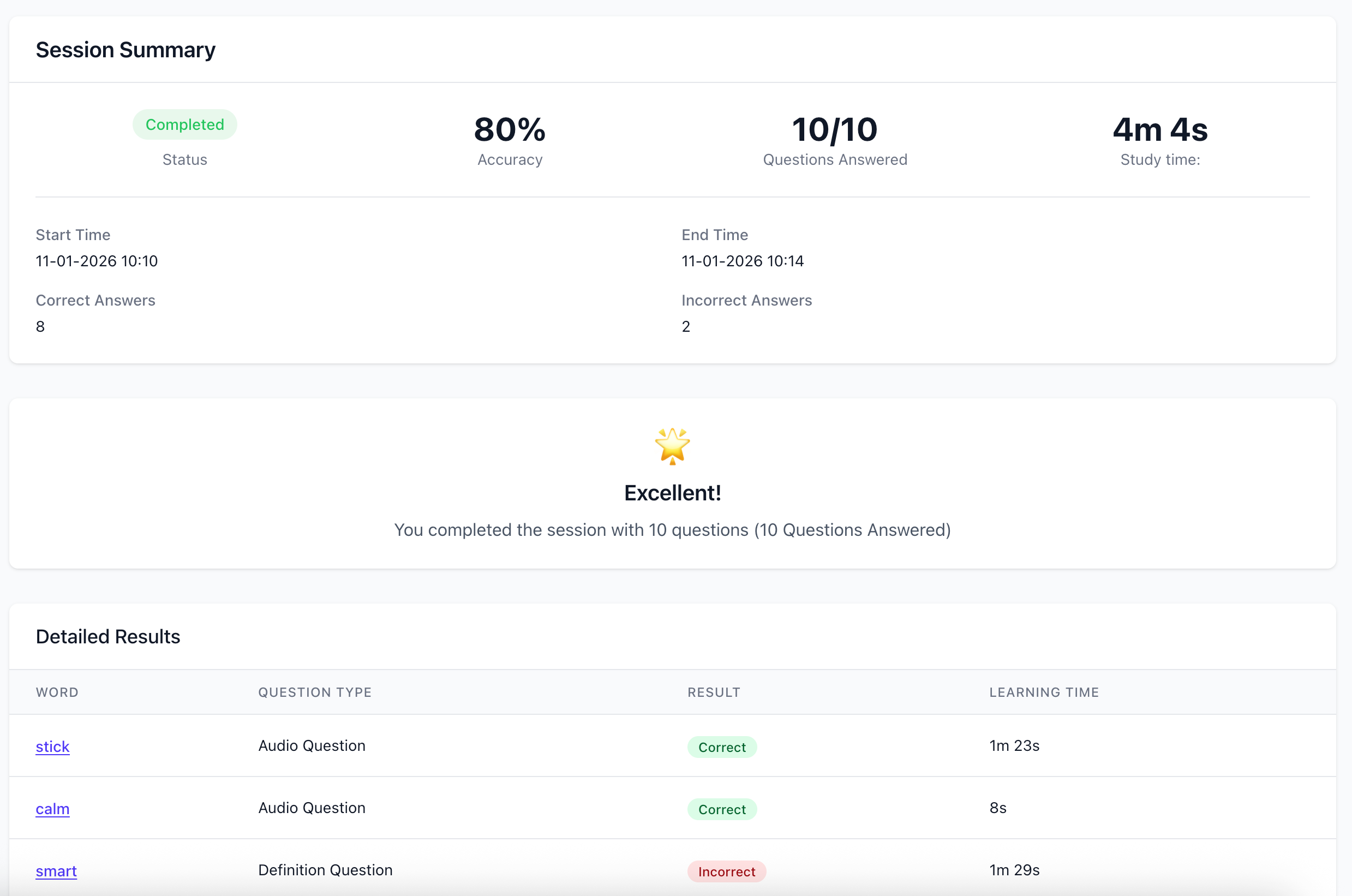 Trang chi tiết phiên học hiển thị tóm tắt và kết quả