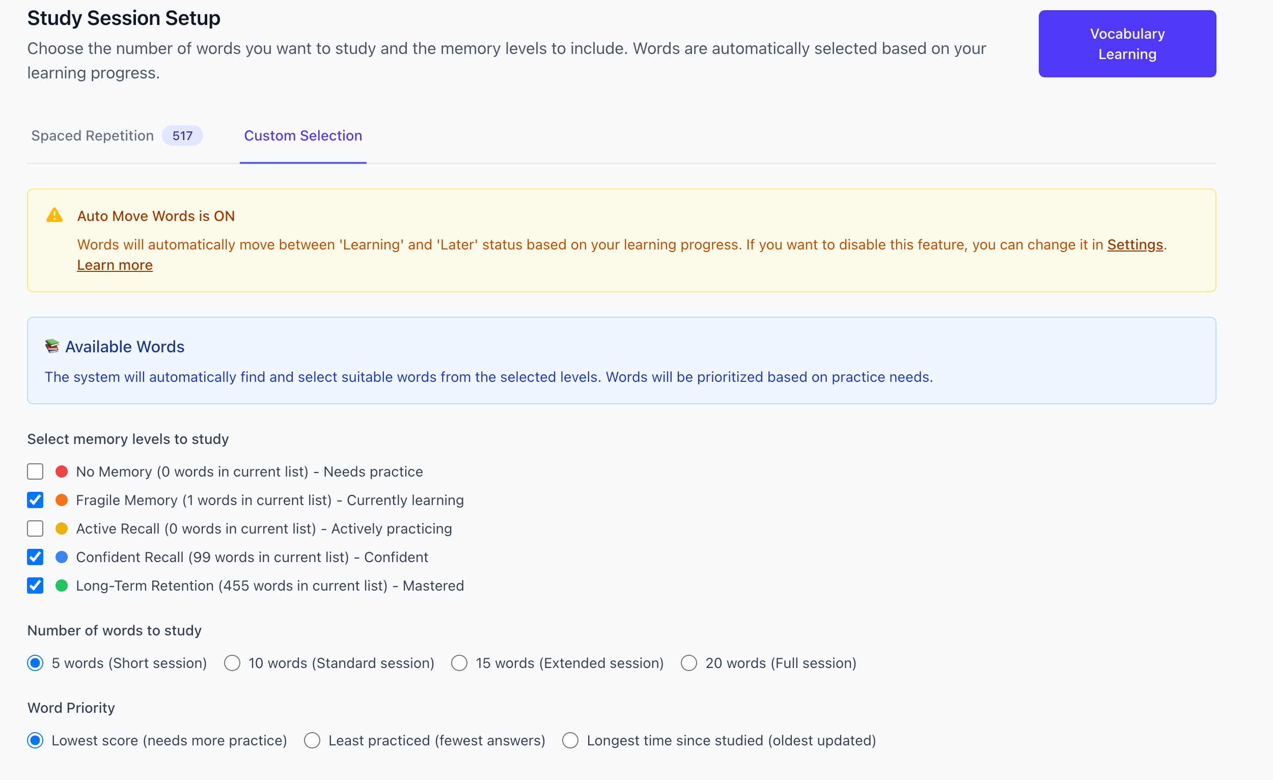 Màn hình thiết lập chế độ Tùy chọn hiển thị các band học và ưu tiên sắp xếp