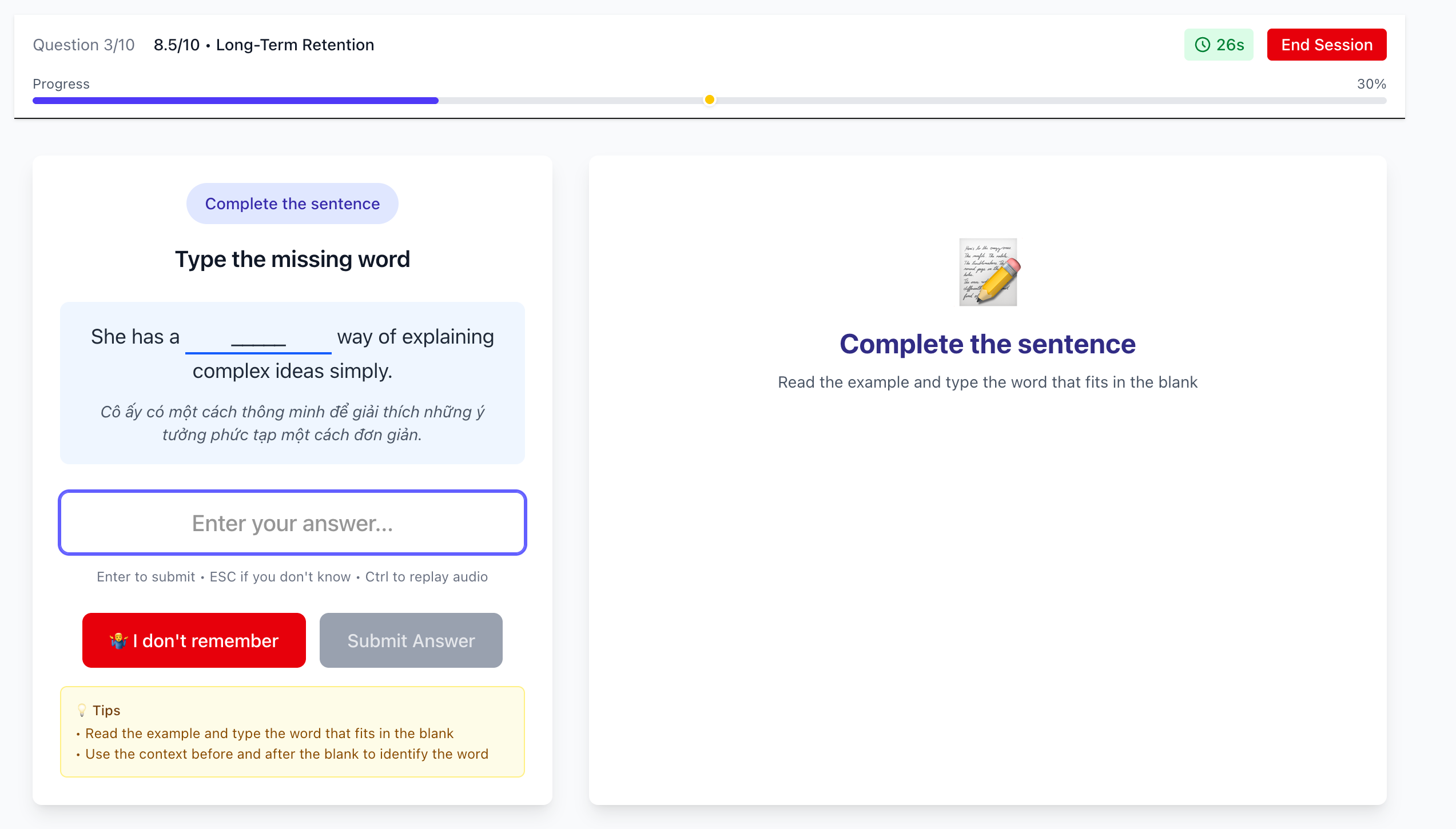 Giao diện câu hỏi ví dụ trực quan với câu có chỗ trống