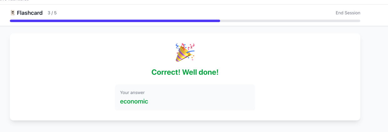 Kết quả trả lời đúng hiển thị thông báo thành công và so sánh câu trả lời