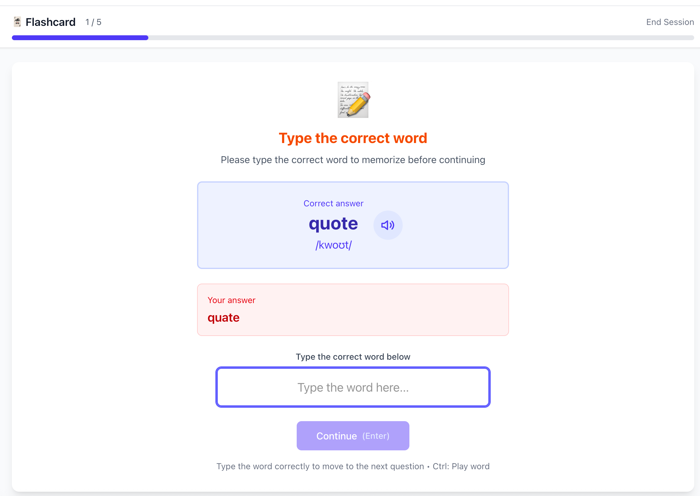 Trả lời sai hiển thị trạng thái sửa lỗi nơi người dùng phải gõ từ đúng