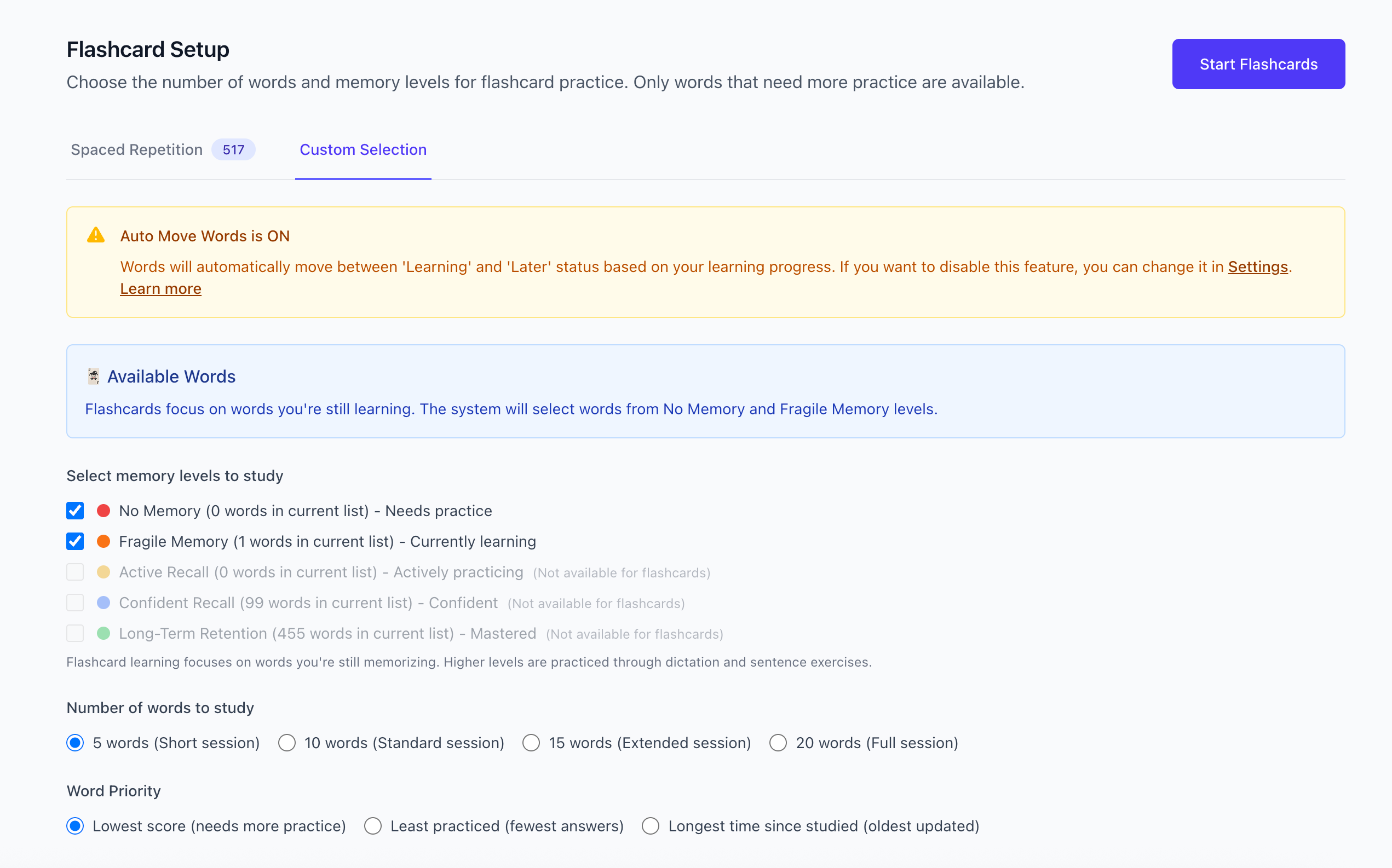 Màn hình thiết lập chế độ Mặc định hiển thị các tùy chọn mức ghi nhớ và ưu tiên sắp xếp