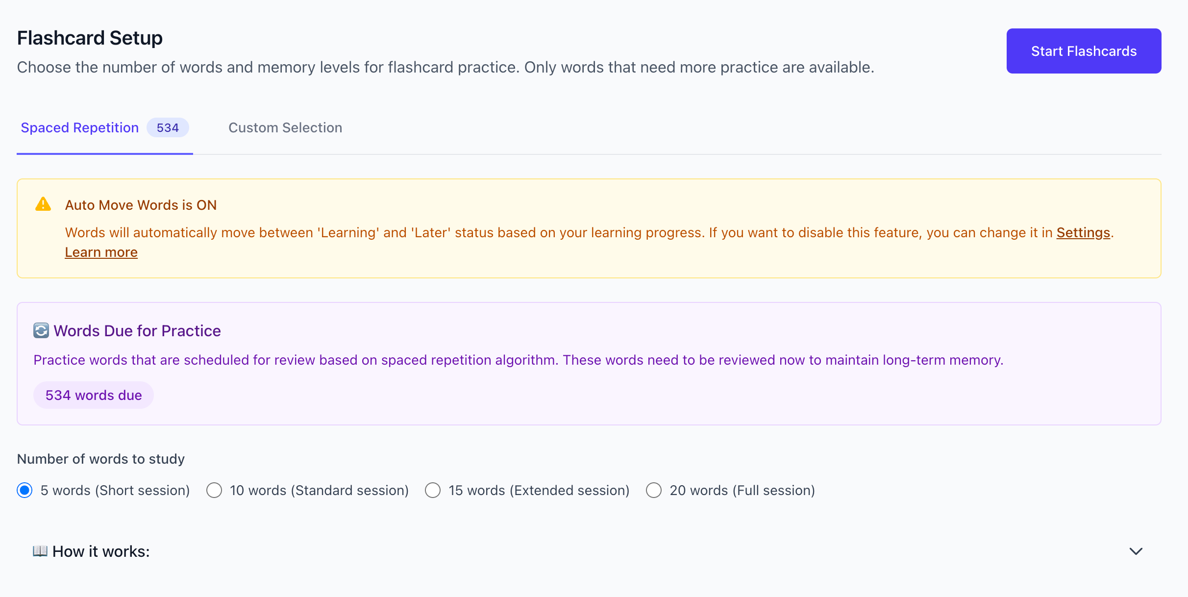 Màn hình thiết lập chế độ Lặp lại ngắt quãng hiển thị các từ đến hạn và lựa chọn tự động