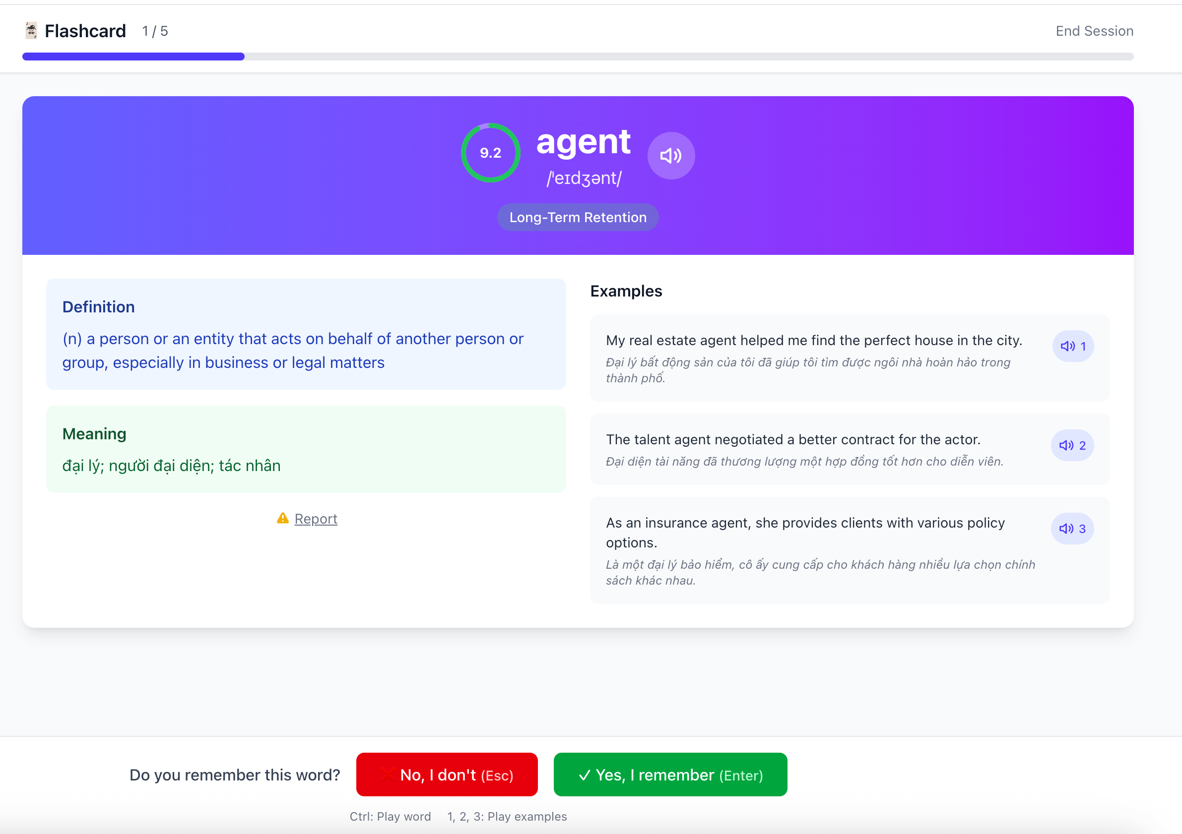 Trạng thái hiển thị flashcard với từ, phát âm, định nghĩa, nghĩa và ví dụ