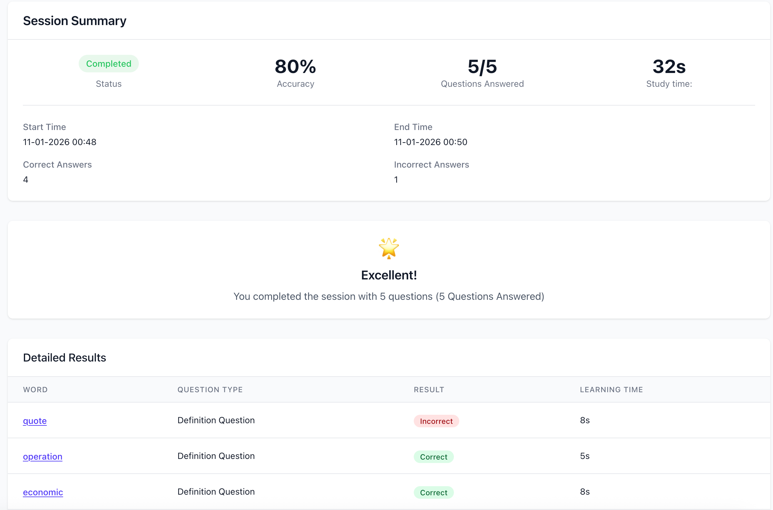 Trang chi tiết lịch sử học hiển thị tóm tắt và kết quả phiên