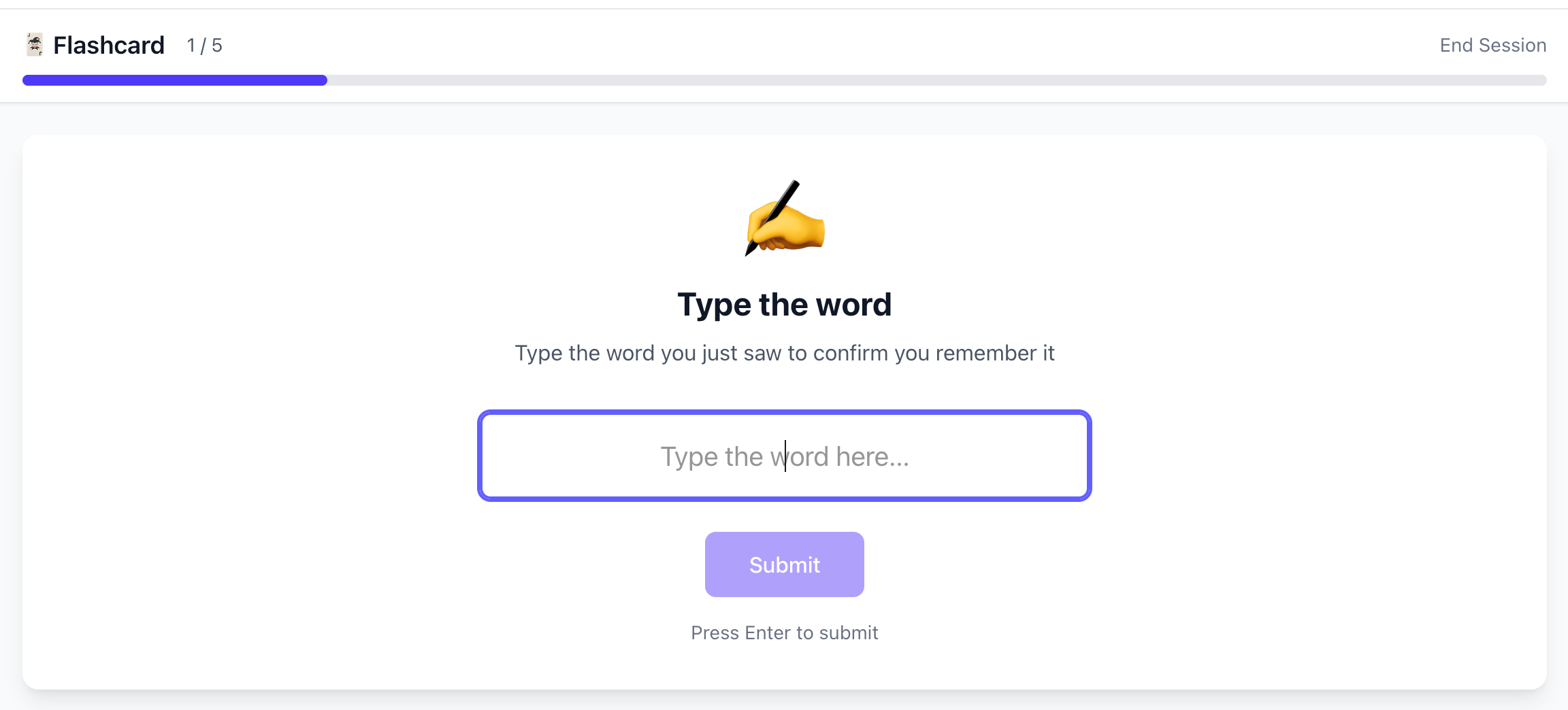 Trạng thái gõ flashcard nơi người dùng gõ từ từ trí nhớ