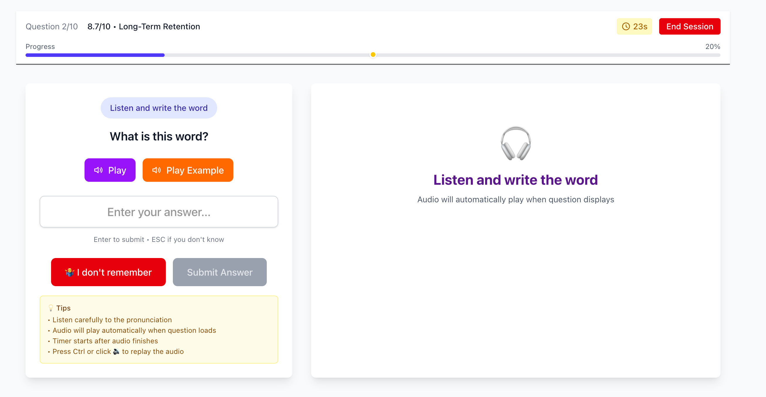 Giao diện câu hỏi âm thanh với nút phát lại