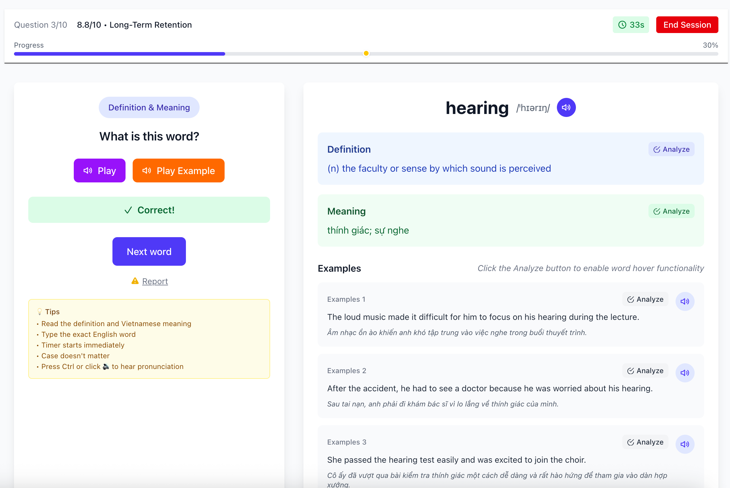 Kết quả trả lời đúng hiển thị thông báo thành công