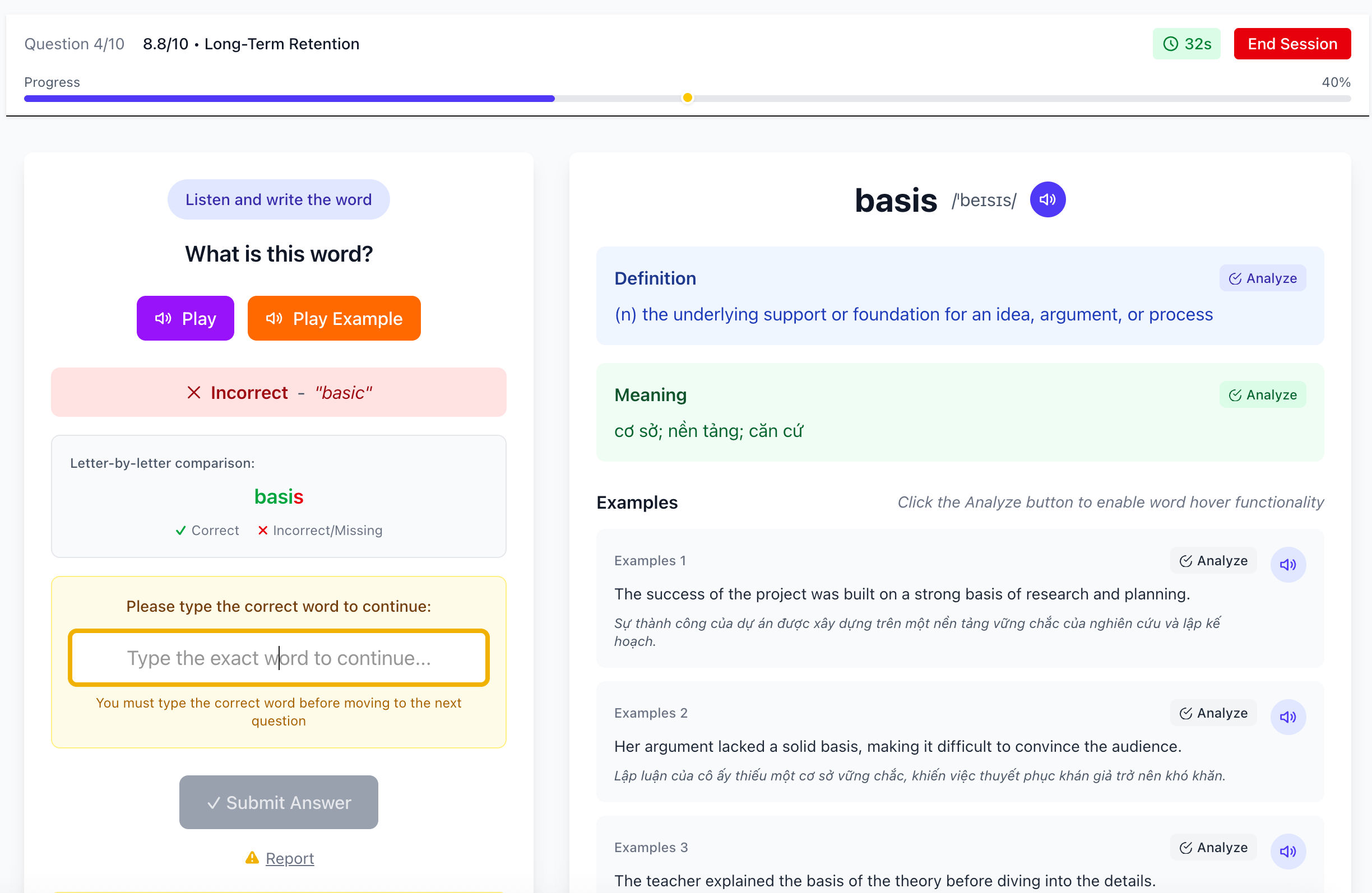 Trả lời sai hiển thị so sánh từng chữ cái và giai đoạn sửa lỗi