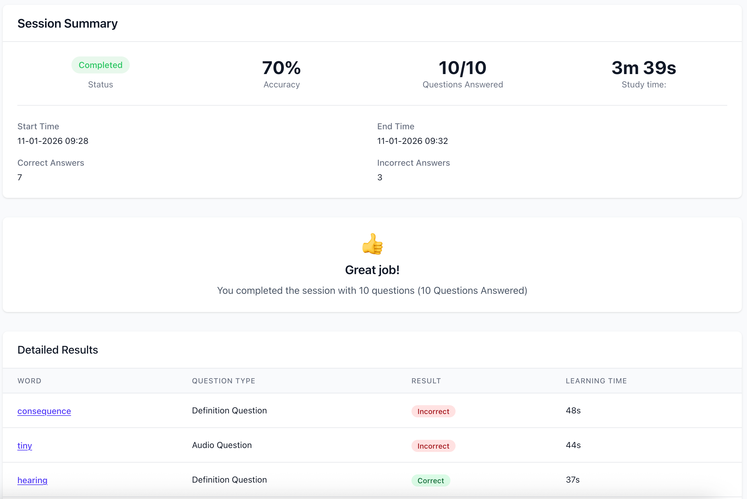 Trang chi tiết phiên học hiển thị tóm tắt và kết quả