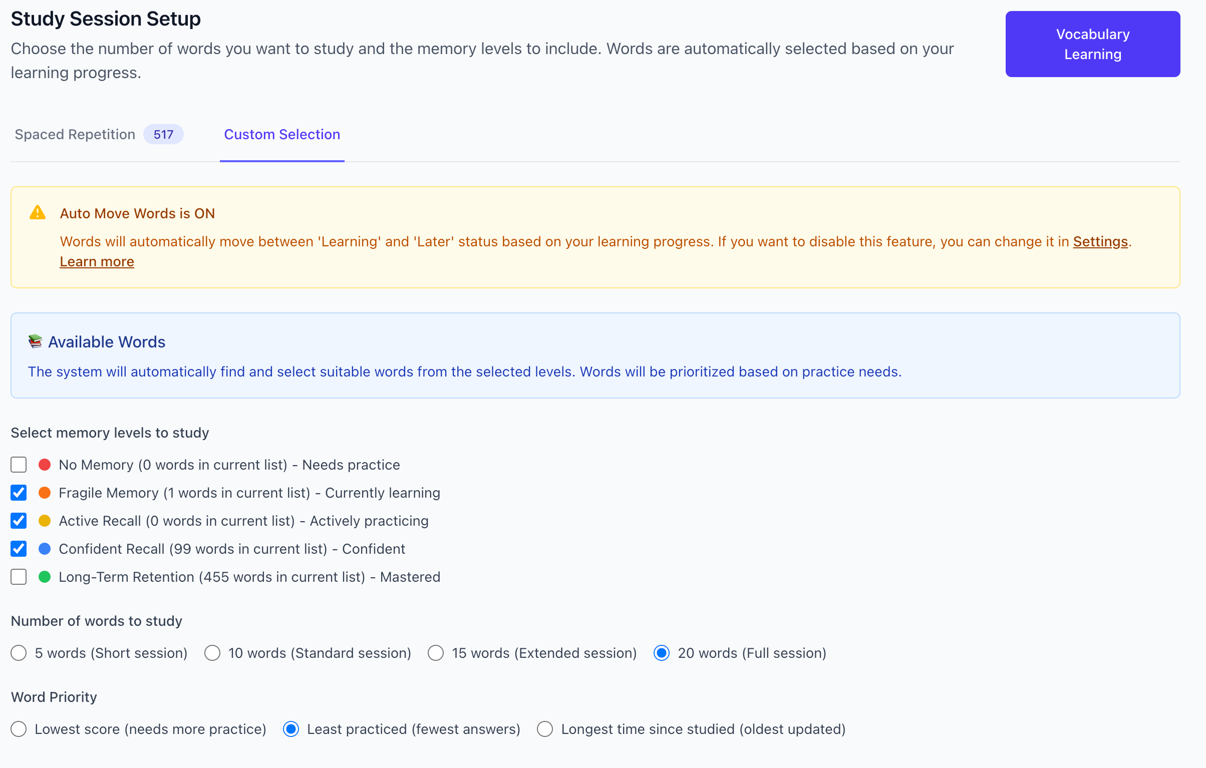Màn hình thiết lập chế độ Tùy chọn hiển thị các band học và ưu tiên sắp xếp