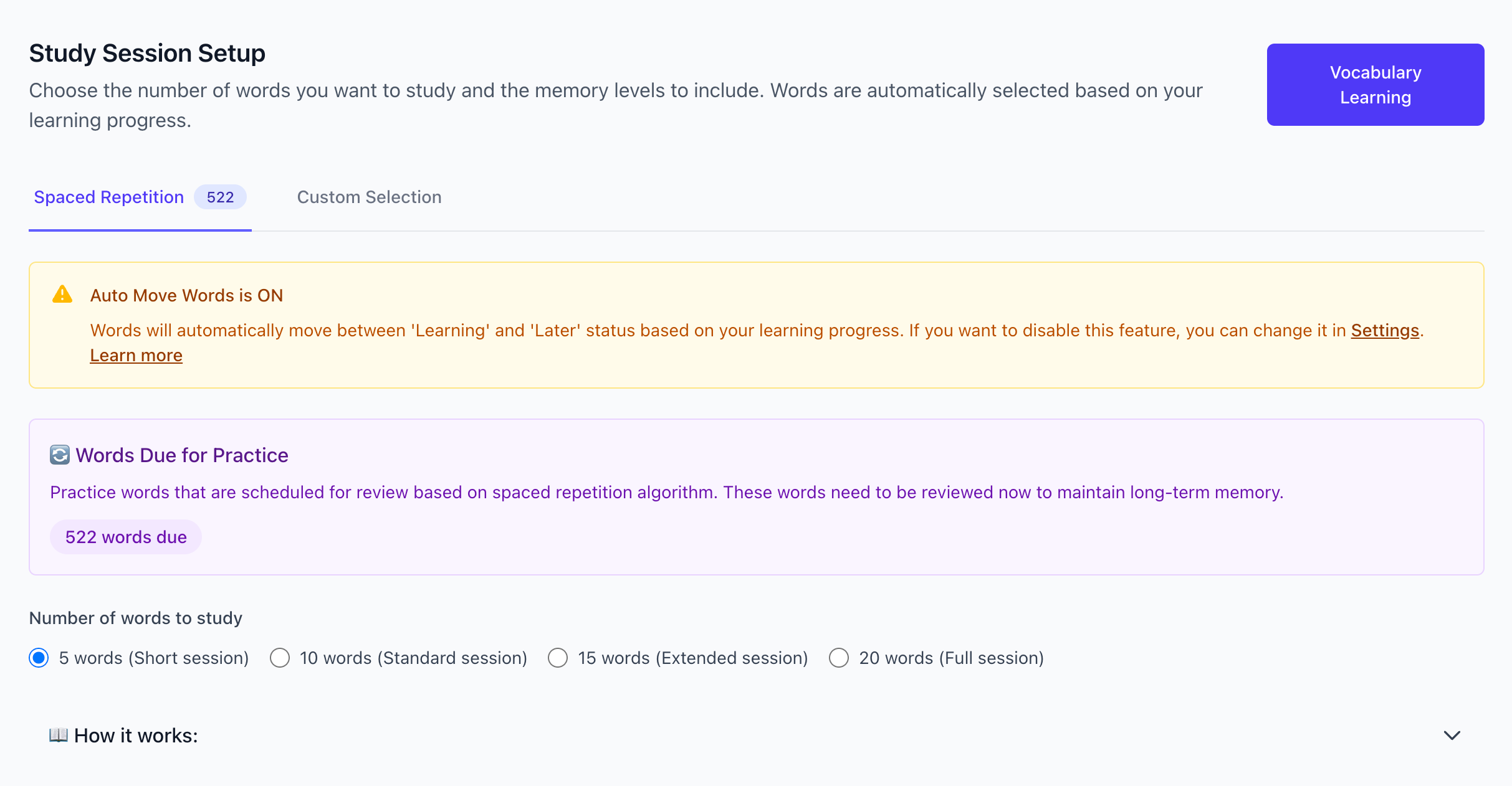 Màn hình thiết lập chế độ Lặp lại ngắt quãng cho học từ vựng